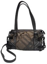 A Burberry Metallic Grey Smoke Check Bag. Canvas exterior with leather trim, leather straps, black-