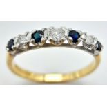 A 9K YELLOW GOLD DIAMOND & SAPPHIRE 7 STONE RING 0.15CT DIAMONDS 1.5G SIZE M 1/2. ref: SPAS 9025