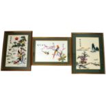 Three Asian Hand-Embroidered Silk Pictures in Frames. Colourful birds and a village scene. 54 x 70cm