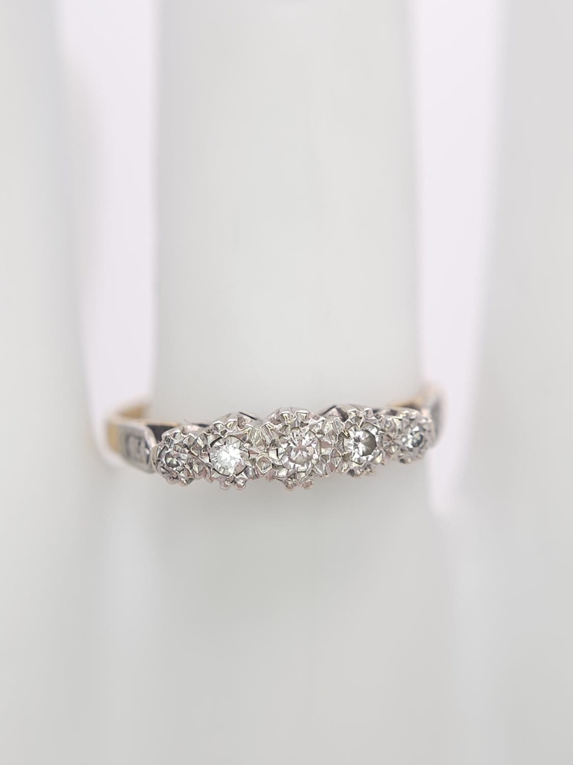 A Vintage 18K Gold and Platinum Five Diamond Ring. Size Q. 2.9g total weight. - Image 5 of 7