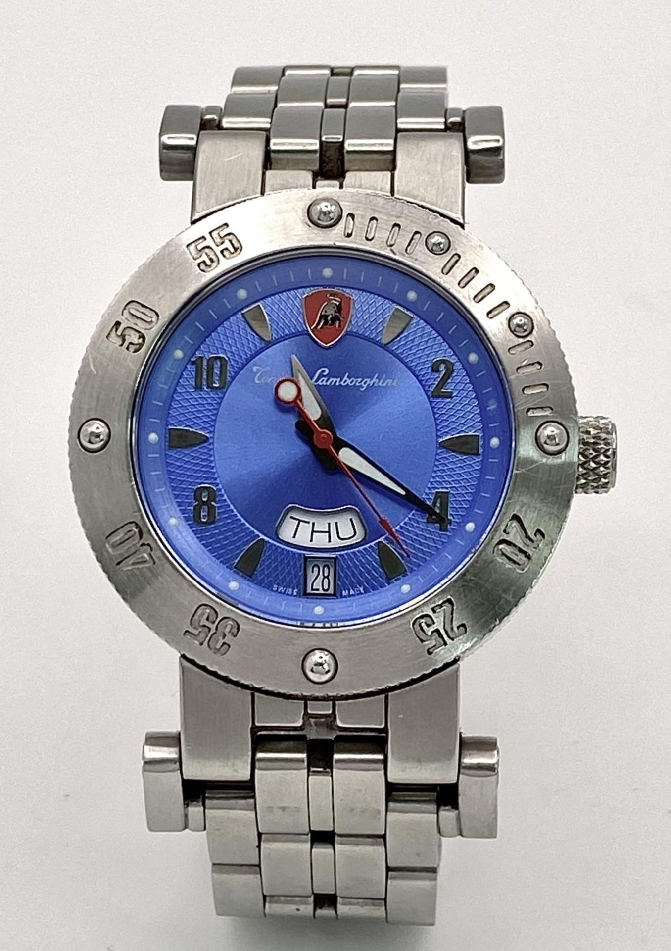 A Lamborghini Automatic Gents Watch. Stainless steel bracelet and case - 38mm. Blue dial with day/ - Image 2 of 7