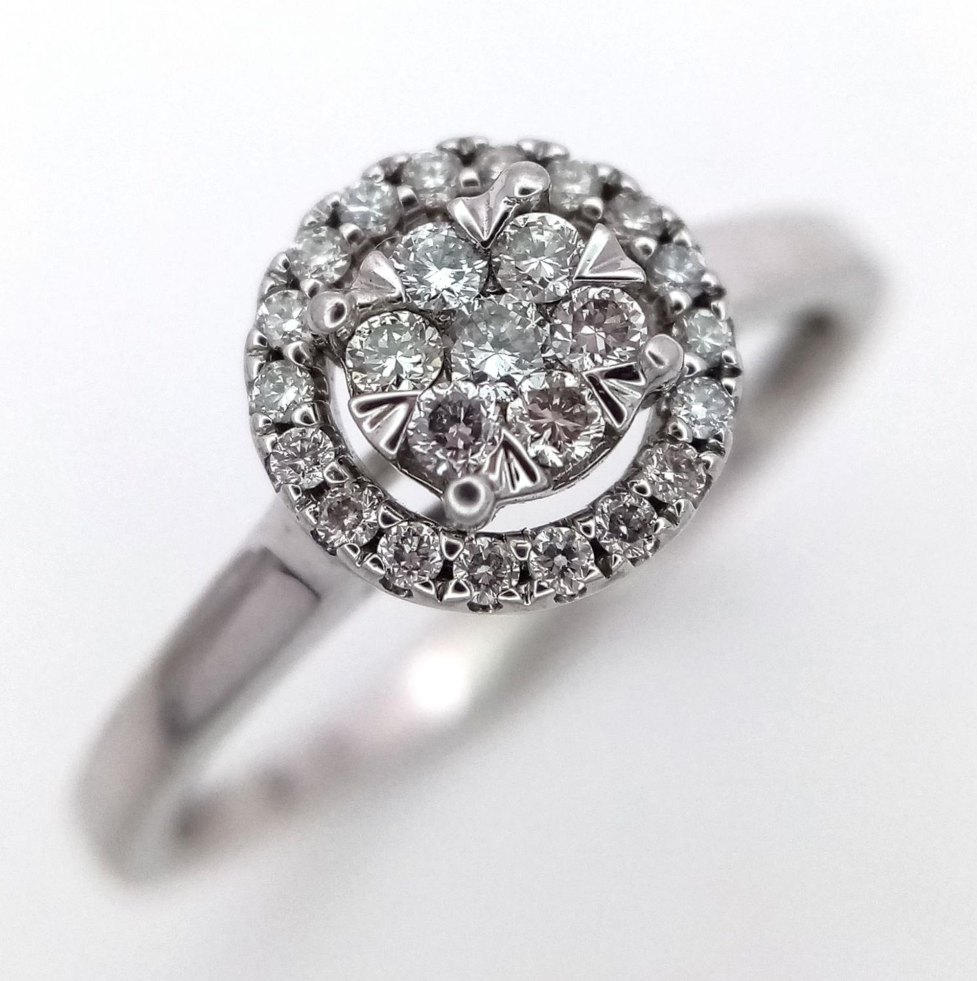 A 9K White Gold Diamond Cluster Ring. A circle of round cut diamonds with a halo of smaller round