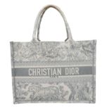 A Christian Dior small toile de jouy book tote bag, grey/white embroidery, top handles. Size approx.