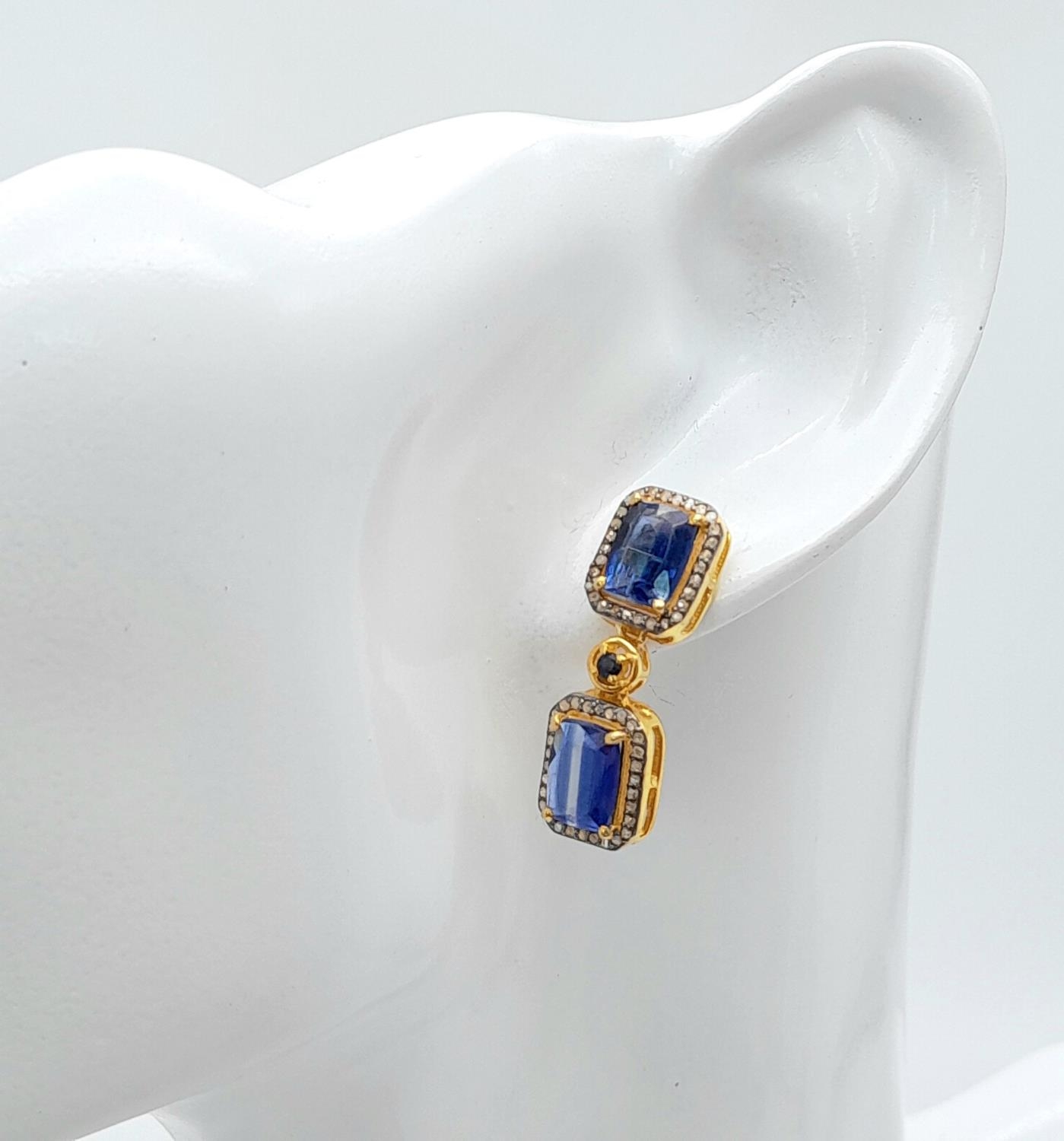 A Pair of Kyanite and Diamond Drop Earrings. 4ctw - kyanite and 0.40ctw of old cut diamonds. Set - Image 3 of 5