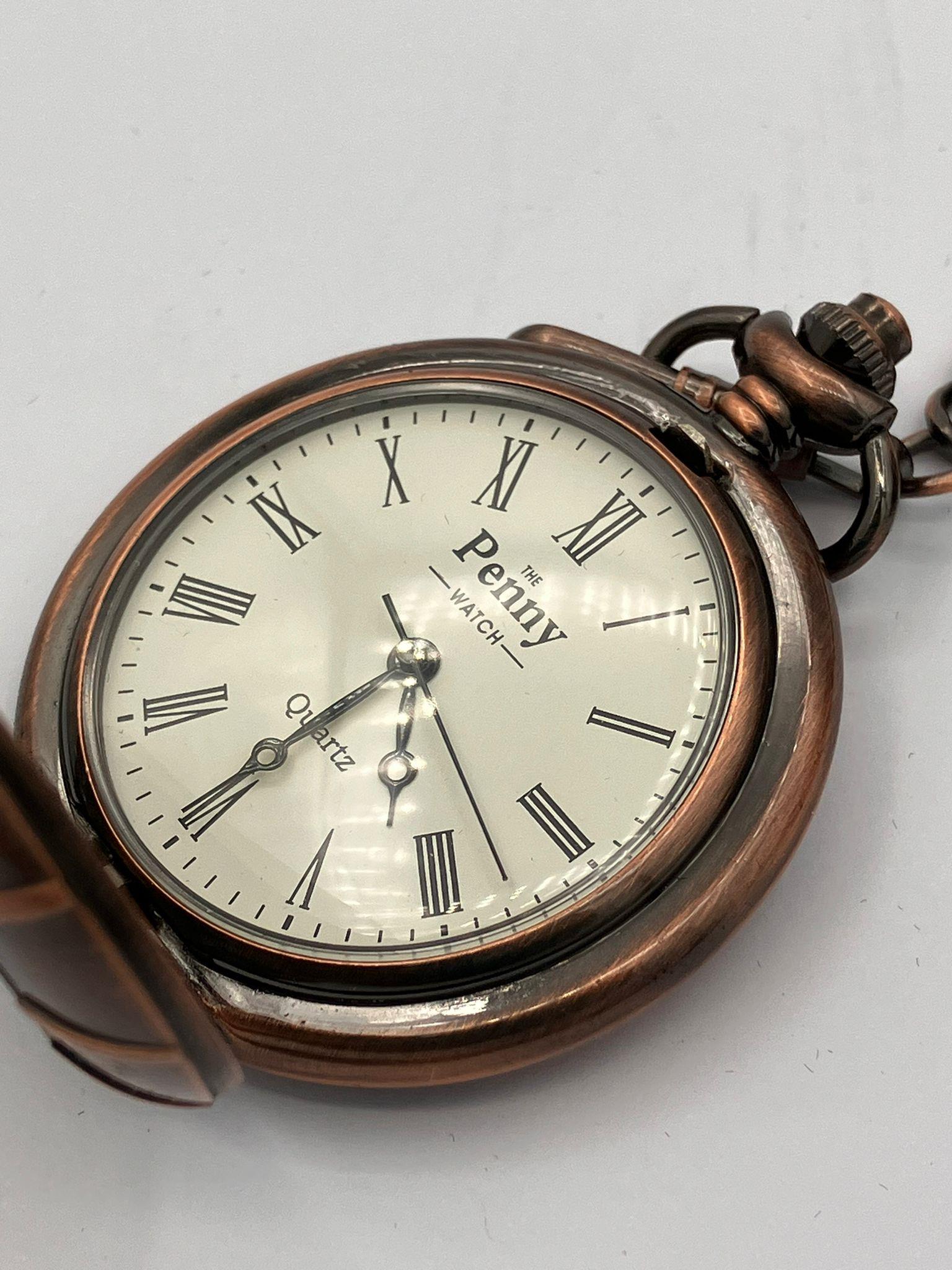Collectors Penny Pocket Watch, having genuine 1918 PENNY COIN mounted to front of Watch Case. Dark - Image 2 of 4