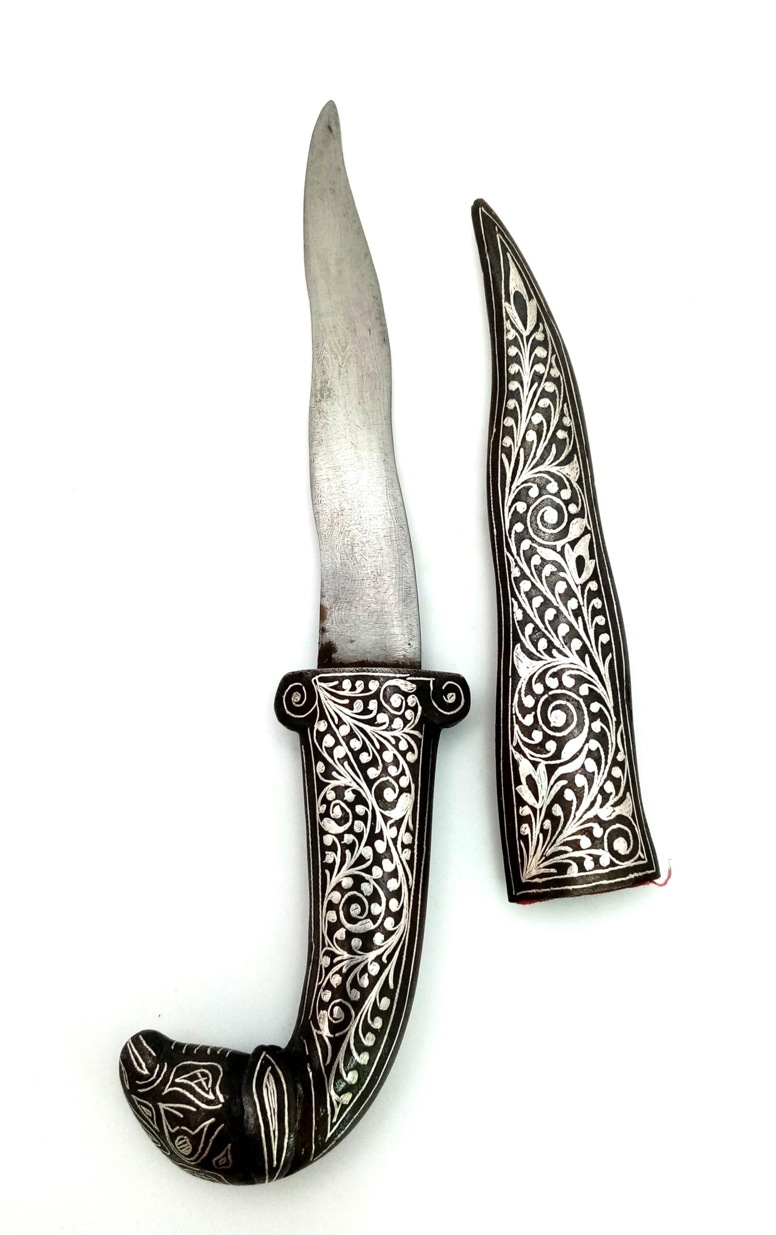 Vintage or Most Likely Antique, Ornate Scroll Detail Ram’s Head Mughal White Metal Dagger with - Image 3 of 4