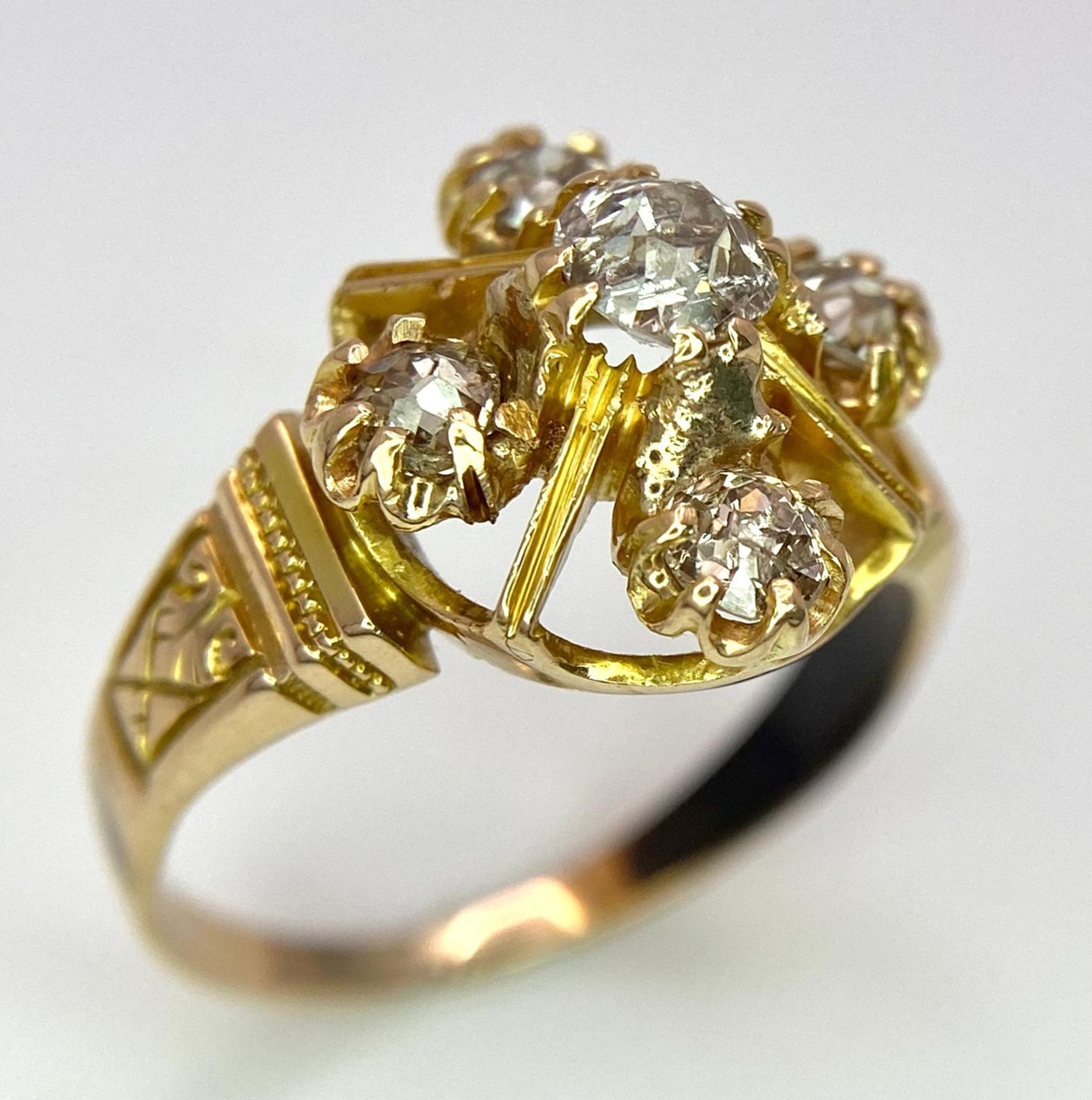 A 9K Yellow Gold (tested) Diamond Ring. Five round cut diamonds on a raised setting. Size N. 4.32g - Bild 4 aus 5