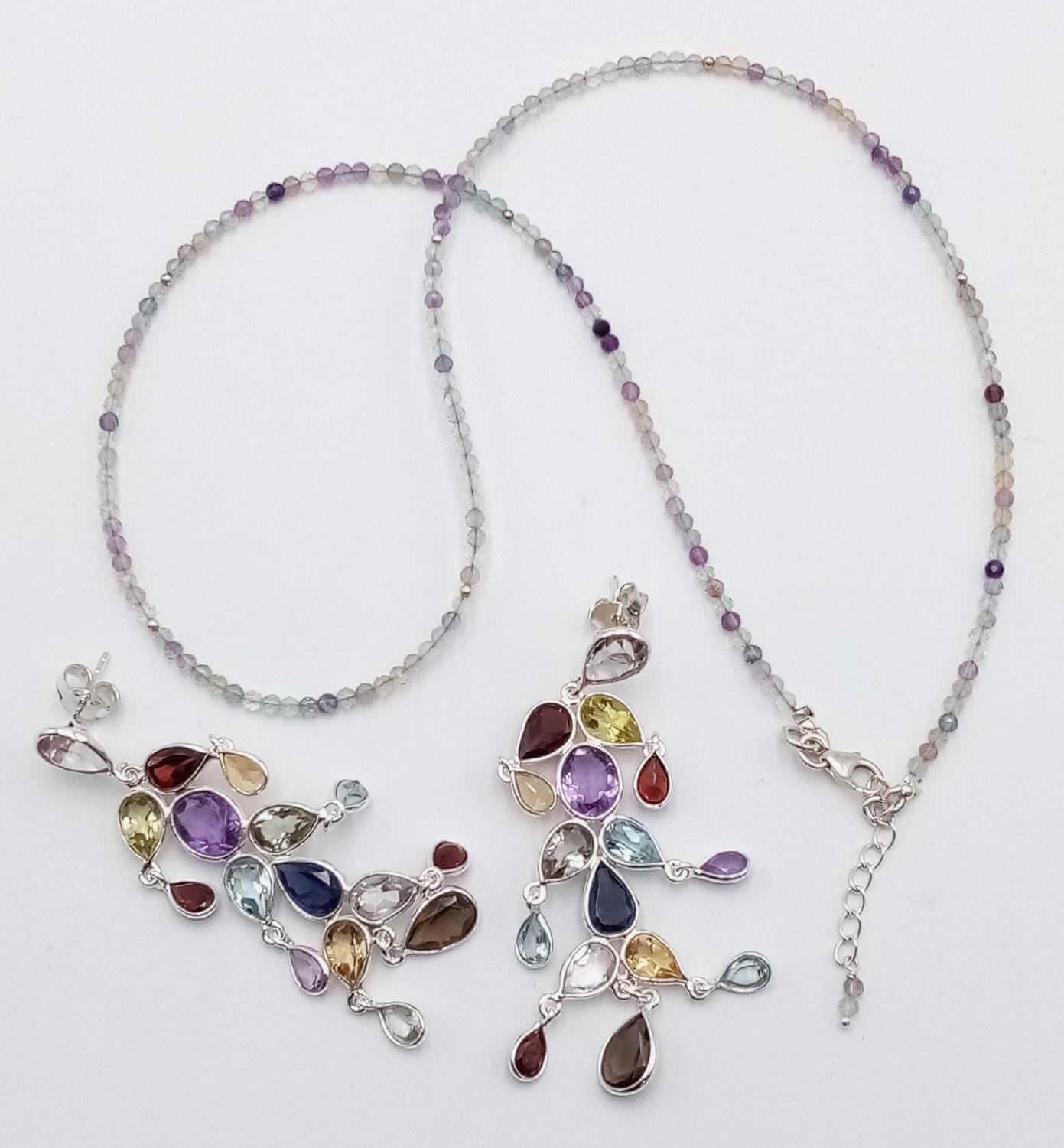 A Pair of Amethyst, Garnet, Citrine and Blue Topaz Drop Earrings -with a Delicate Fluorite Strand - Image 3 of 5