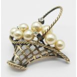 A Gilded 925 Silver Cultured Pearl and White Stone Brooch. 4cm. 6.8g
