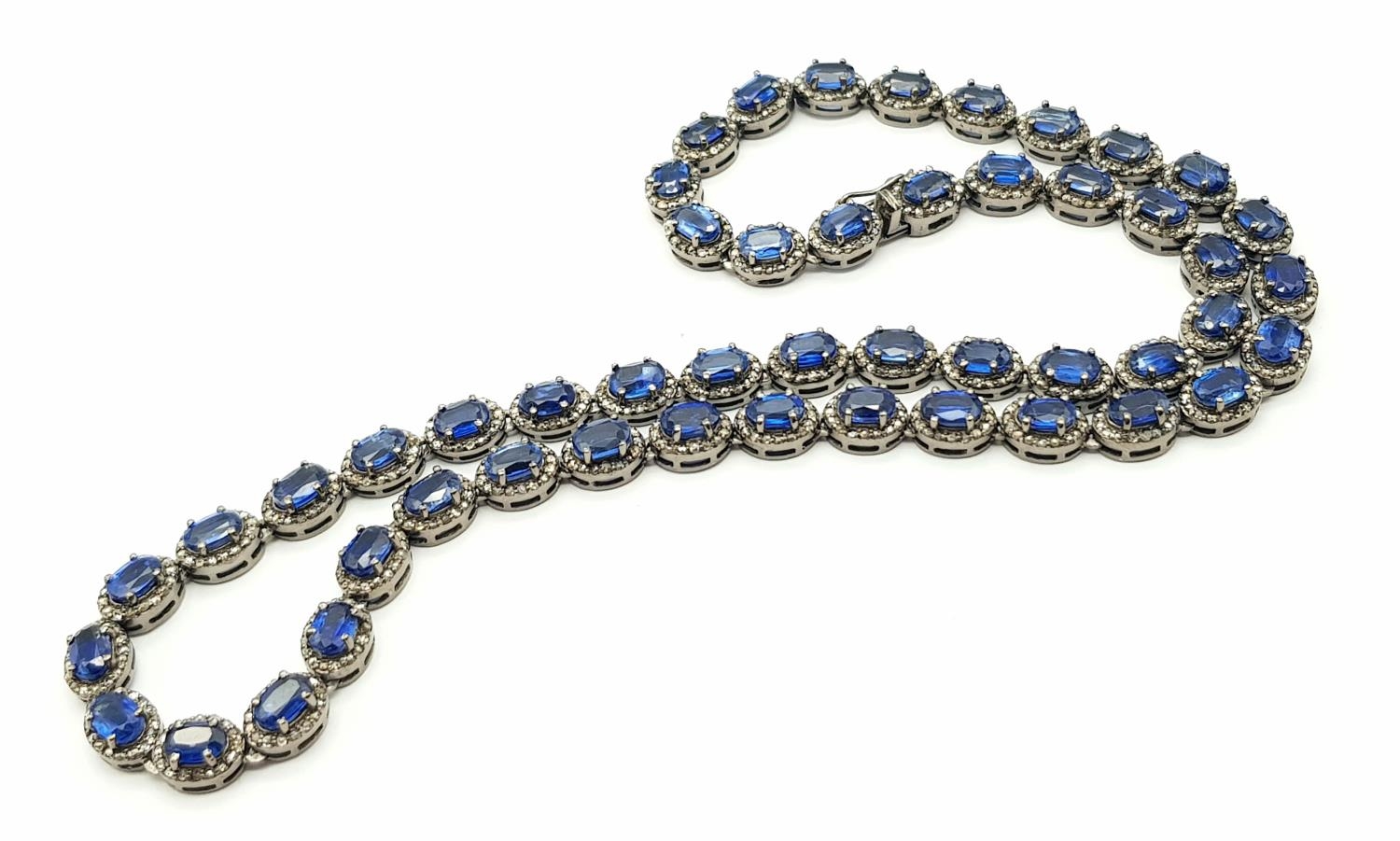 A 25ctw Kyanite Gemstone Tennis Necklace with Diamond Accents. 4ctw of old cut diamonds. Set in - Bild 3 aus 6