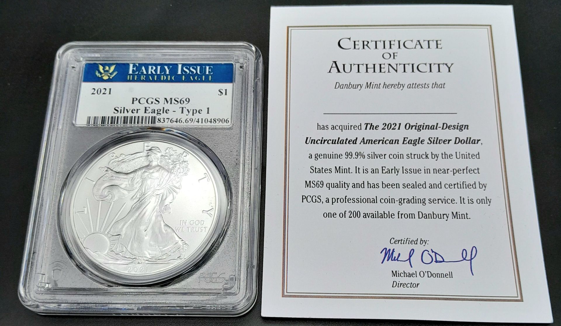 A Limited Edition (1 of 200), Early Issue Fine Silver Slabbed and Cased 2021 Silver Eagle with - Image 3 of 5