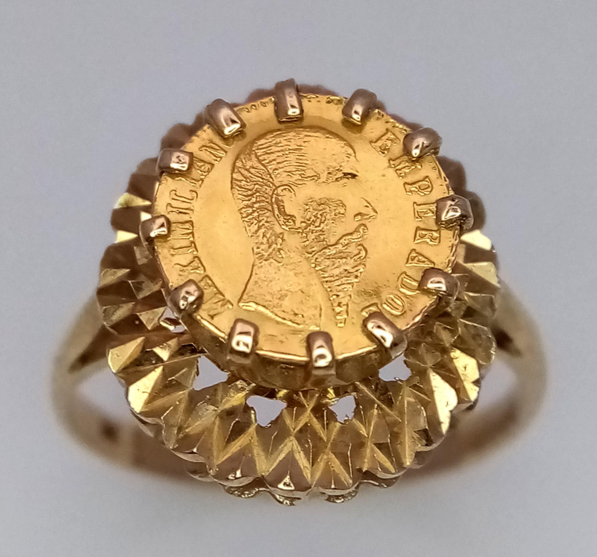 A 9 Carat Gold Tier Mounted Mexican/Columbian Gold Coin Set Ring Size P. Lower Crown Tier Measures