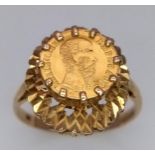 A 9 Carat Gold Tier Mounted Mexican/Columbian Gold Coin Set Ring Size P. Lower Crown Tier Measures