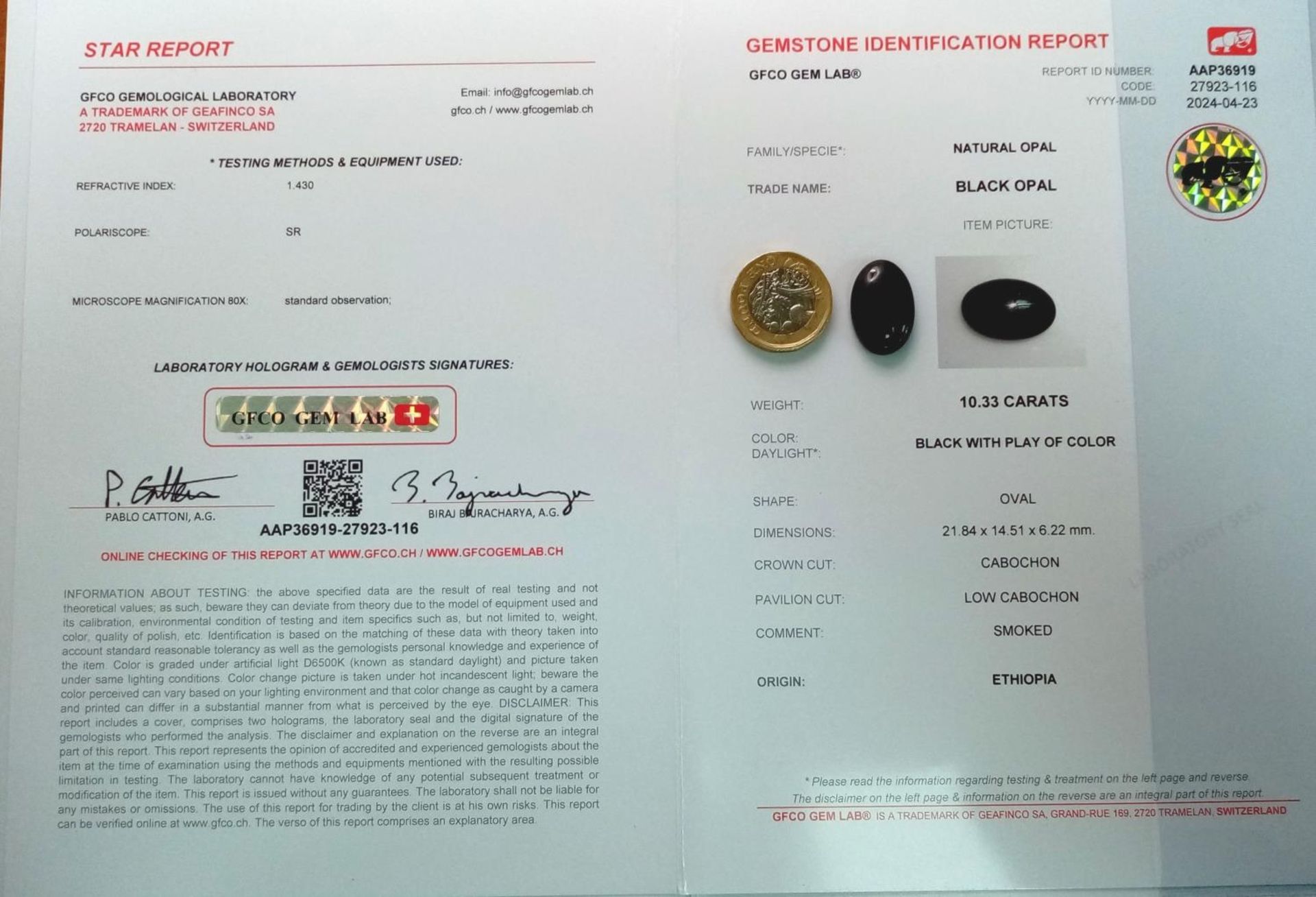 A 10.33ct Ethiopian Black Fire Opal - GFCO Swiss Certified. - Bild 5 aus 5
