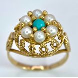 A 14K (TESTED) YELLOW GOLD VINTAGE PEARL & TURQUISE RING. Size K, 2.9g total weight. Ref: SC 9031