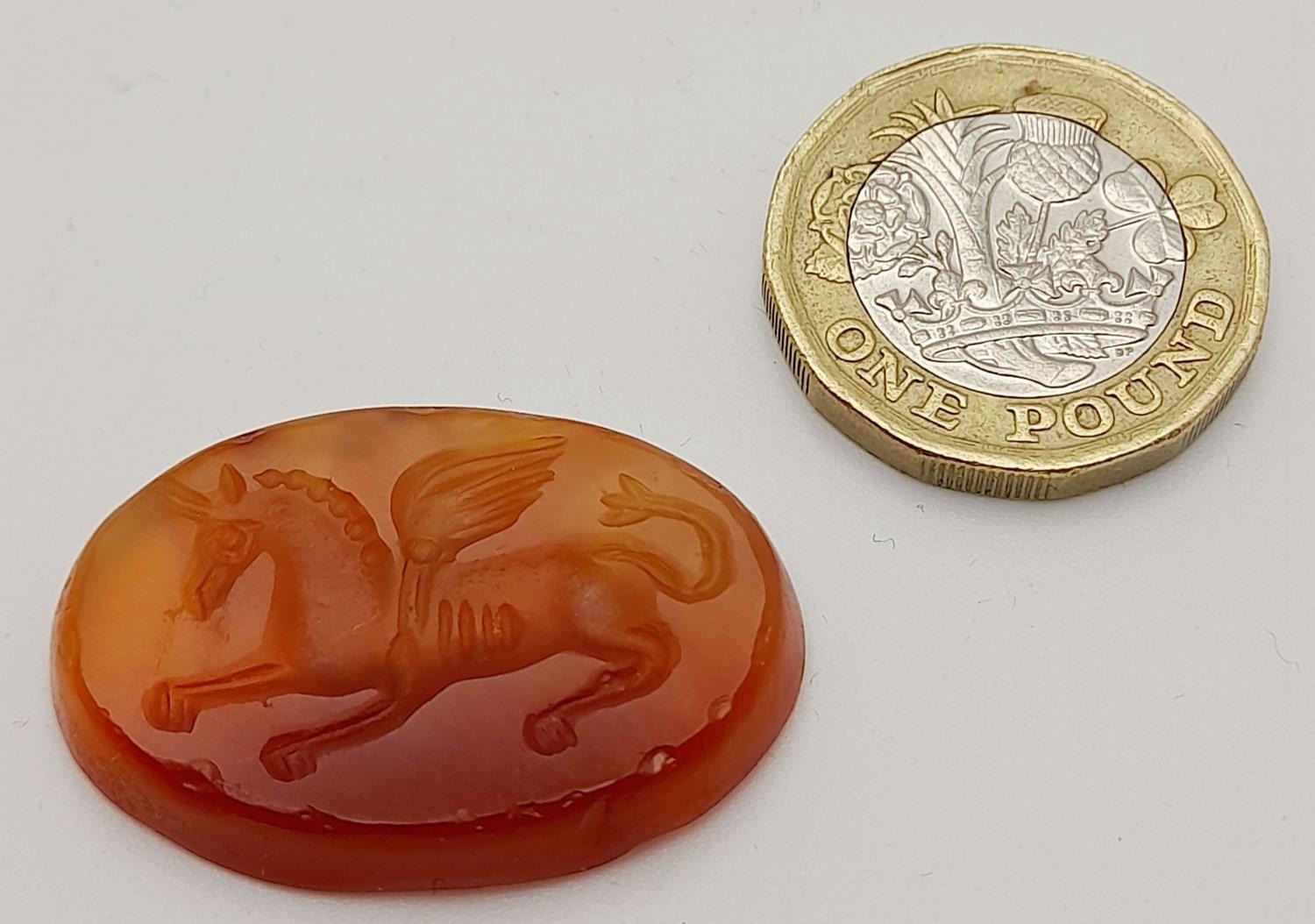 An Ancient Roman (circa 1st Century B.C.) carnelian intaglio with a fine carving of Pegasus – the - Image 4 of 4