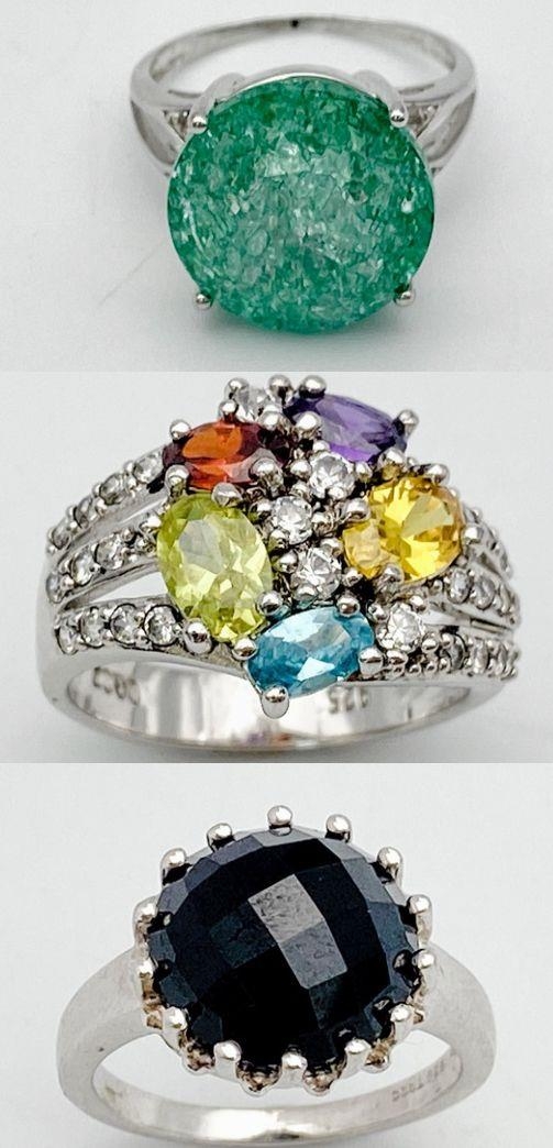 Three 925 Silver Different Style Stone Set Rings. Sizes: K, N and S.