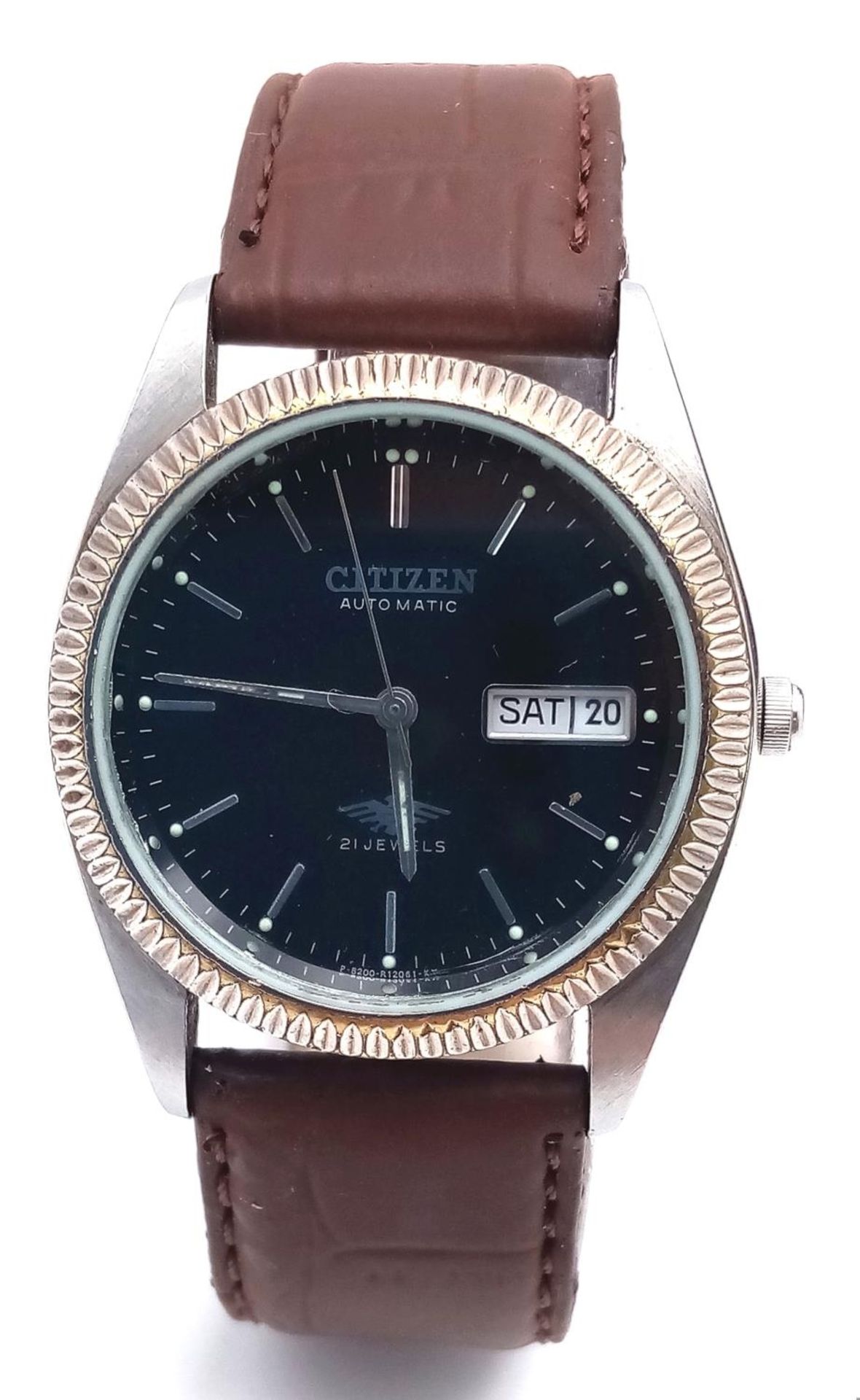 A Citizen 21 Jewel Automatic Gents Watch. Brown leather strap. Stainless steel case - 36mm. Black - Image 2 of 5