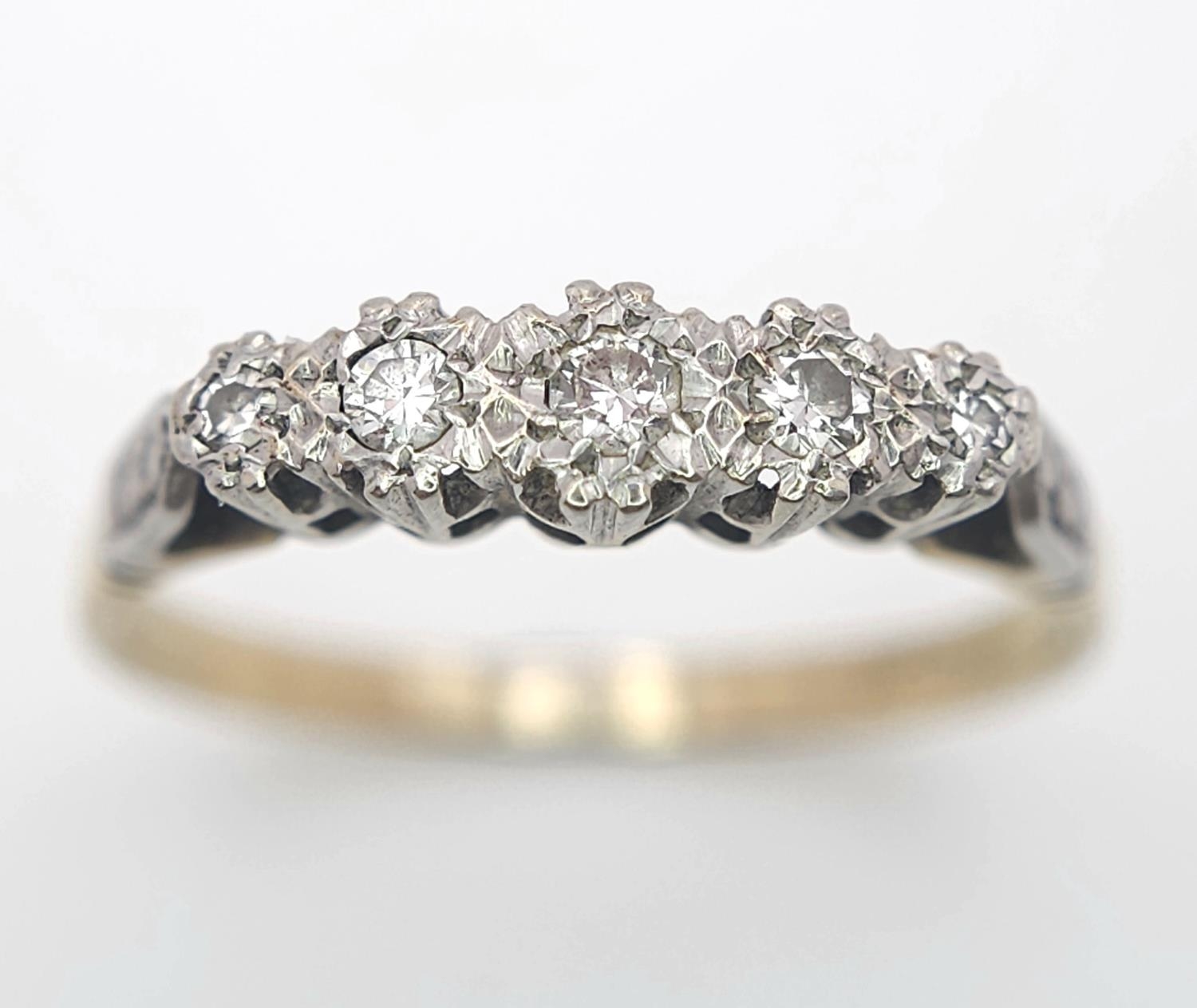 A Vintage 18K Gold and Platinum Five Diamond Ring. Size Q. 2.9g total weight. - Image 2 of 7