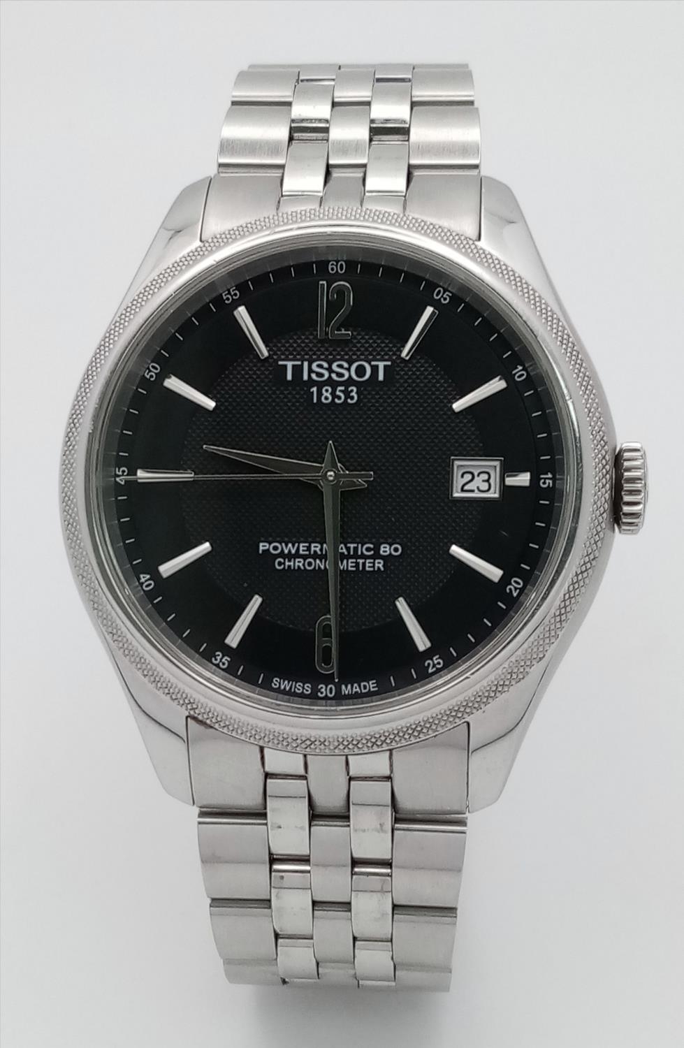 A Tissot Powermatic 80 Gents Watch. Stainless steel bracelet and case - 41mm. Black dial with date