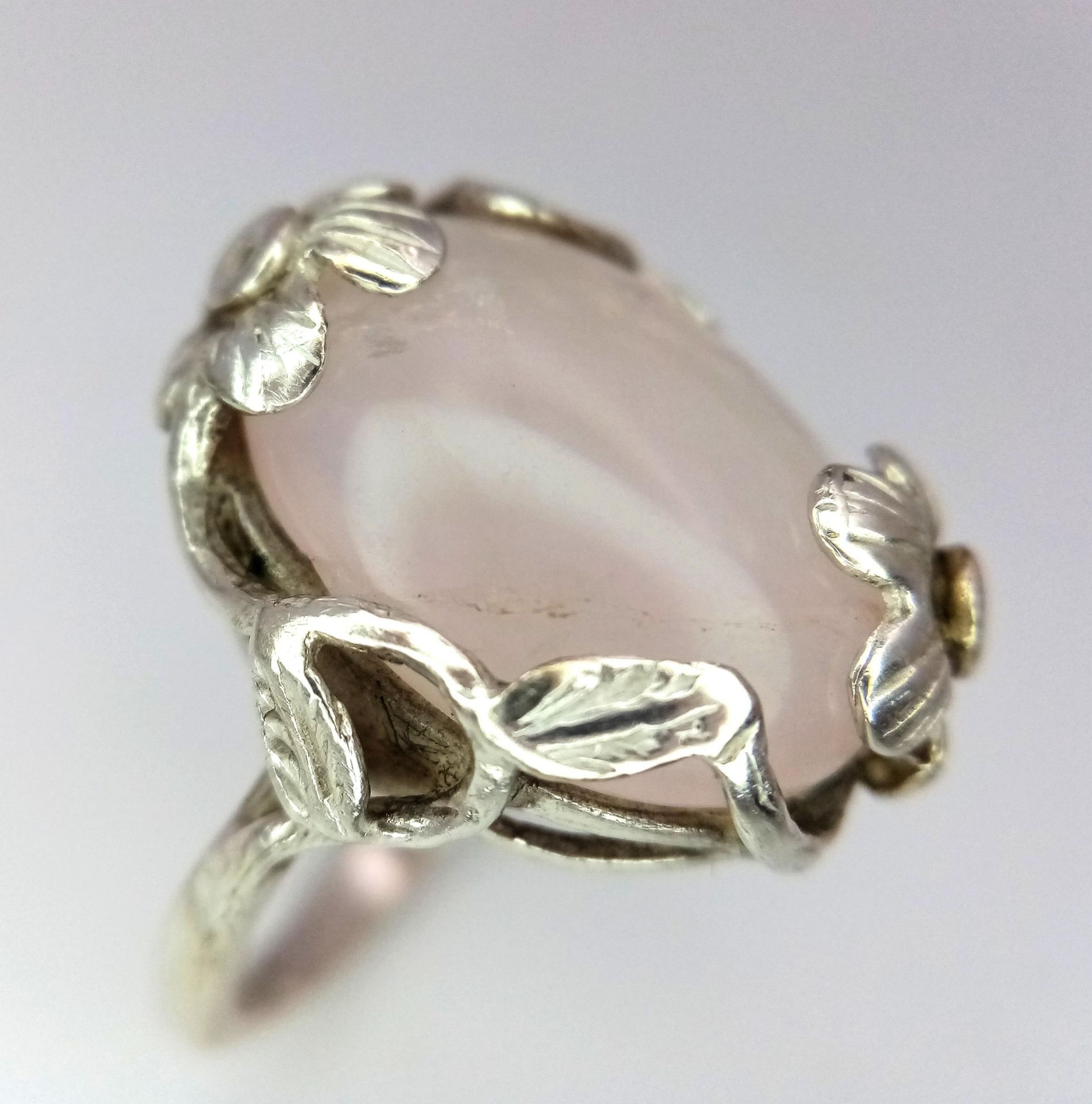 A Vintage, Ornate Flower Design Mounted, Rose Quartz Cabochon Sterling Silver Ring Size R. Set