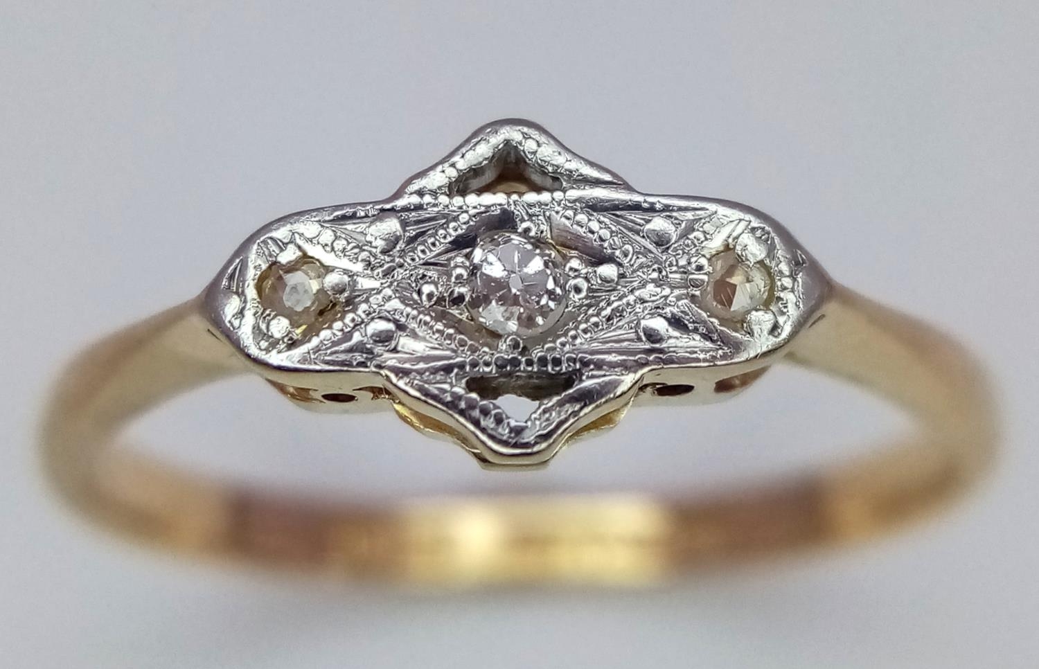 AN 18K YELLOW GOLD & PLATINUM VINTAGE DIAMOND RING. Size O, 2.2g total weight. Ref: SC 9042 - Image 2 of 4