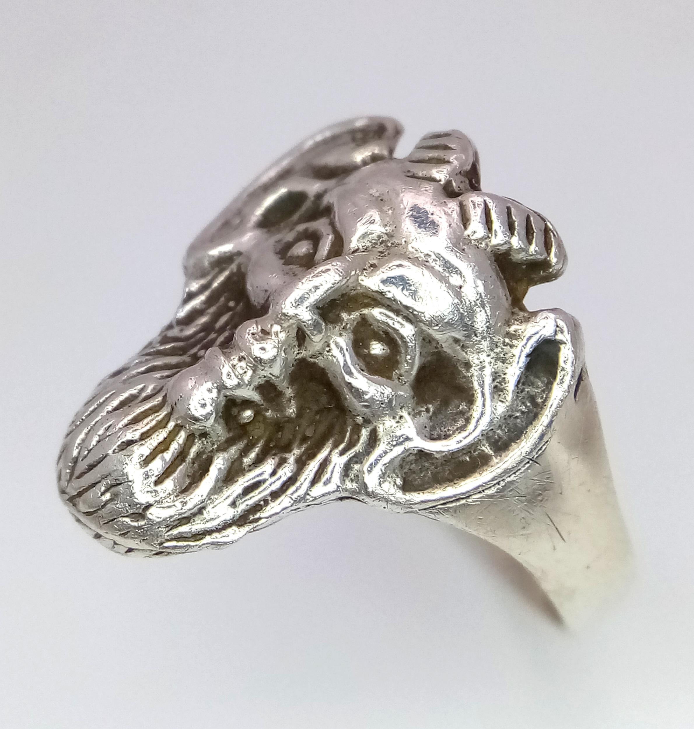 A Very Unique, Vintage or Older, Hand Crafted Grotesque Design Silver Ring Size T. Crown measures