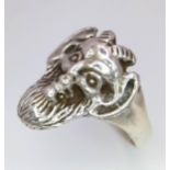 A Very Unique, Vintage or Older, Hand Crafted Grotesque Design Silver Ring Size T. Crown measures