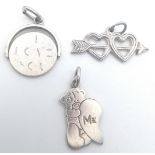 3 X STERLING SILVER LOVE THEMED CHARMS - DOUBLE HEART & ARROW, ME TO YOU TEDDY, AND I LOVE YOU
