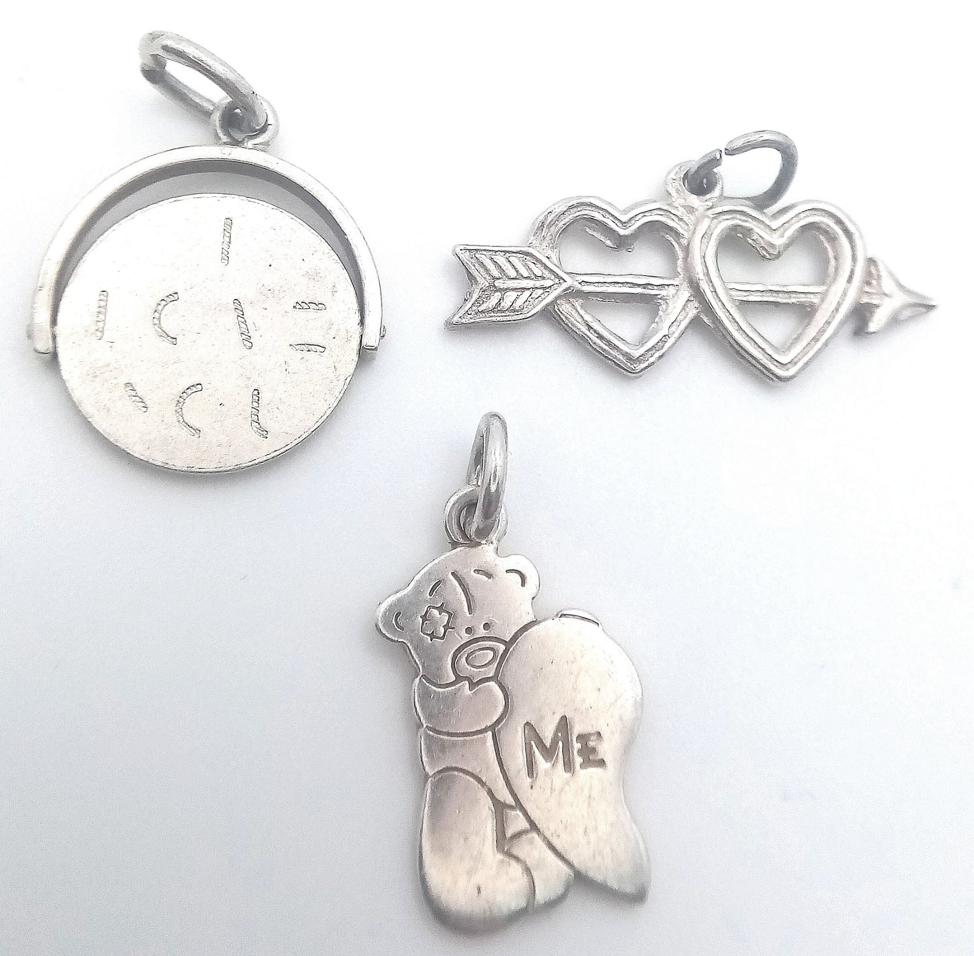 3 X STERLING SILVER LOVE THEMED CHARMS - DOUBLE HEART & ARROW, ME TO YOU TEDDY, AND I LOVE YOU