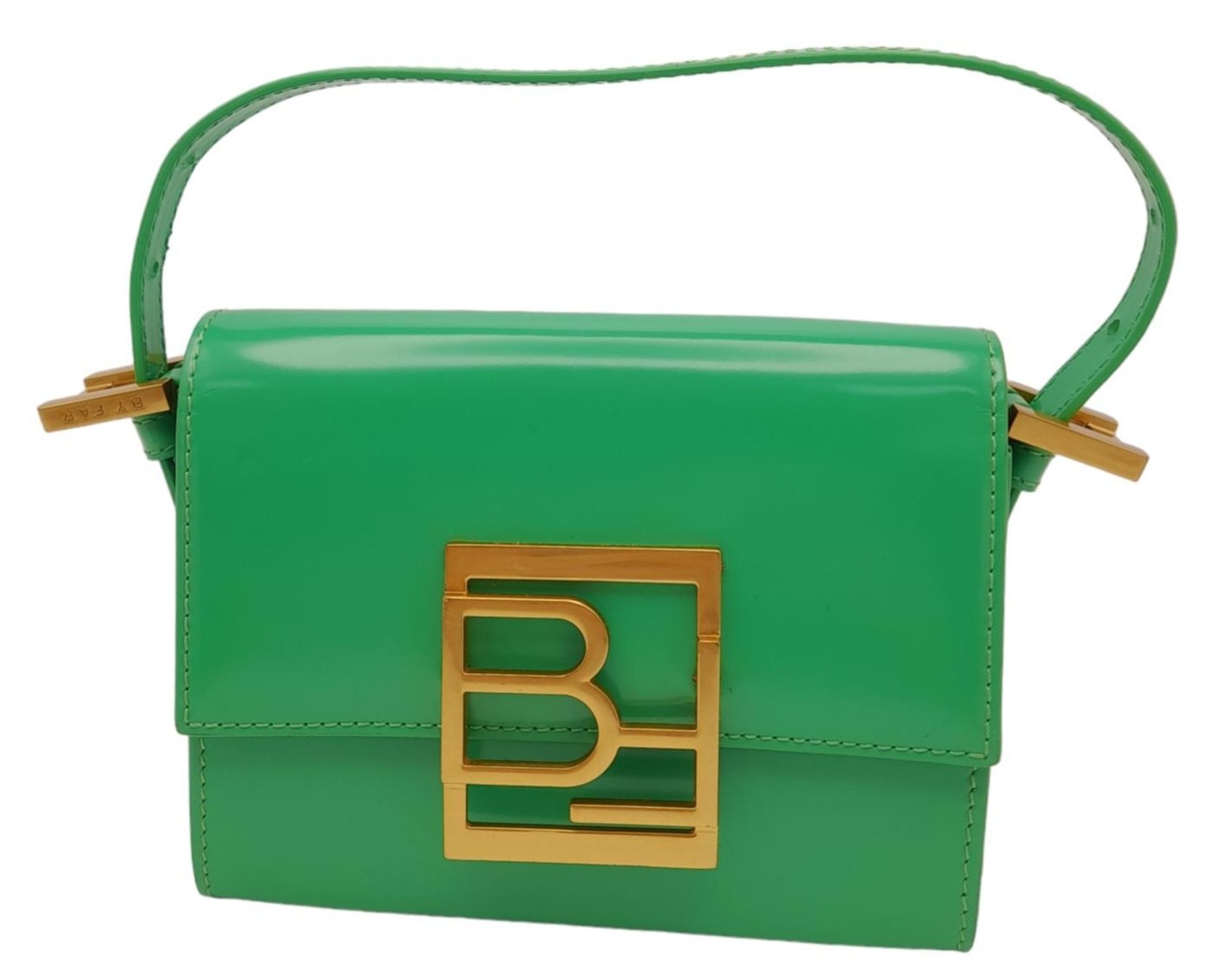 A By Far Patent Green Leather Hand/Shoulder Bag. Gilded hardware. Adjustable straps. In very good