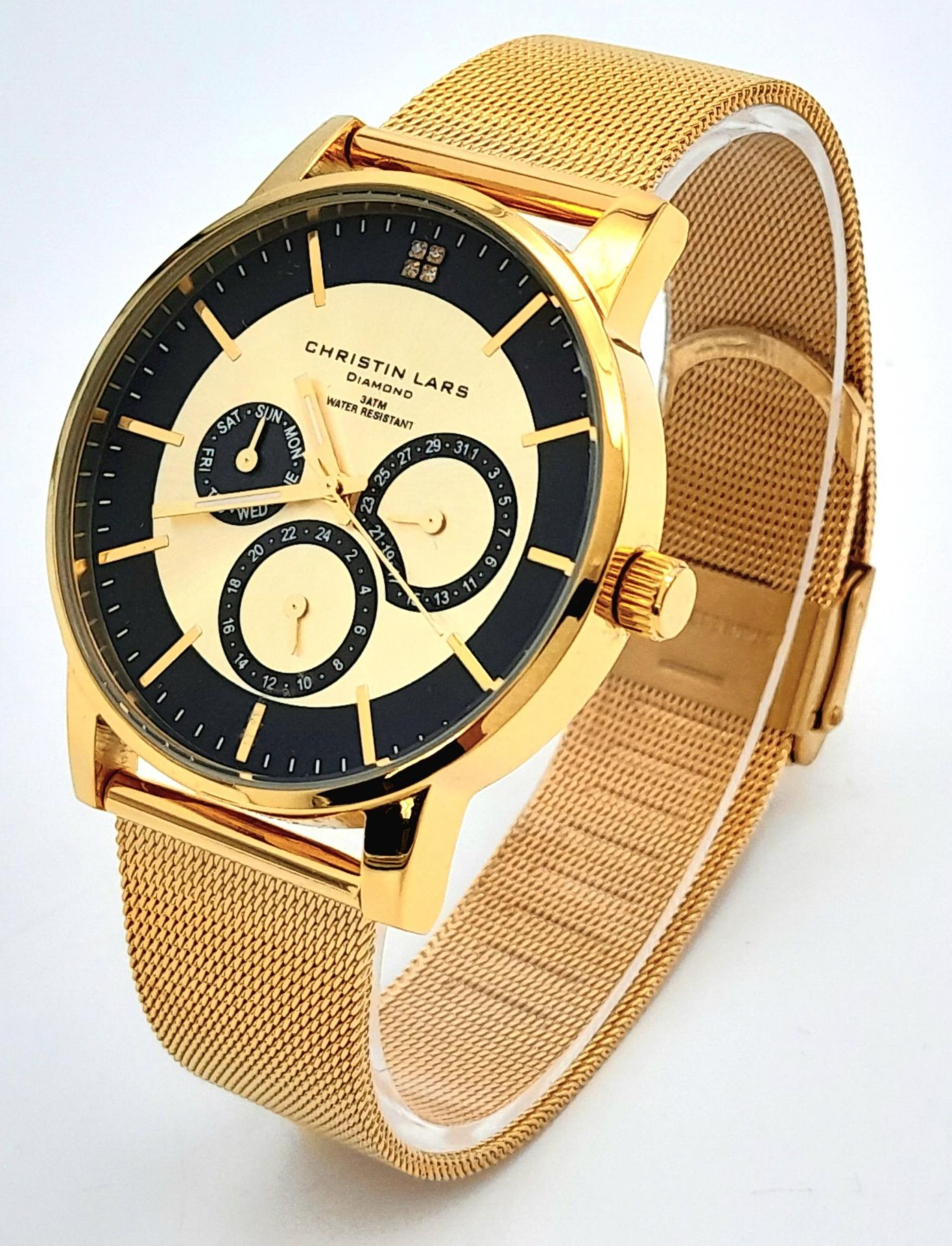 An Unworn Christian Lars Gold Tone Diamond Set Watch. 41mm Case. Replacement Battery Fitted April - Image 3 of 8