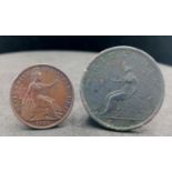 An 1821 George III Farthing and an 1806 Half Penny.