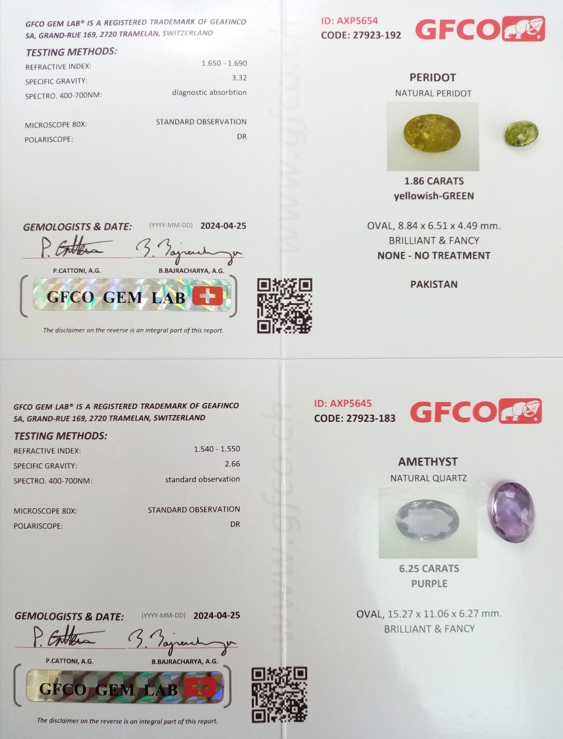 Set of 2 Gems - Peridot of 1.86ct and Amethyst 6.55ct - Both with GFCO certs. - Image 5 of 5