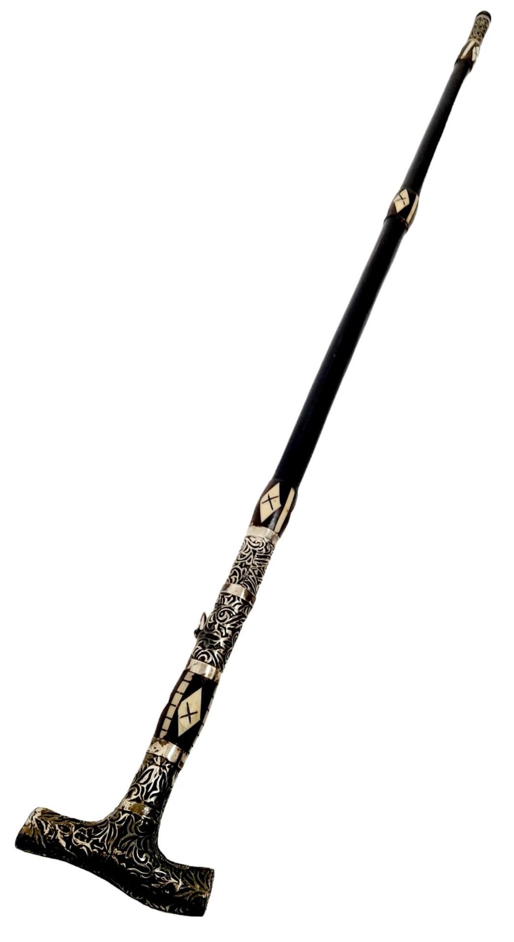 A Very Rare, Unique & Ornate Antique Bone Inlaid Wood and White Metal Sword Stick. 91cm Length.