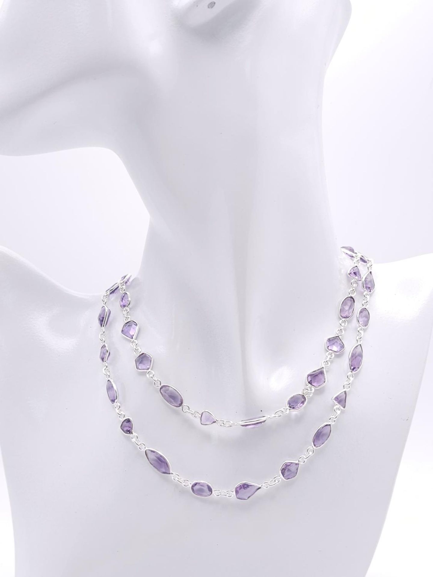 An Amethyst Multi-Shape Gemstone Long Chain Necklace. Set in 925 Silver. 68cm length. 20g. Ref: CD- - Image 6 of 6