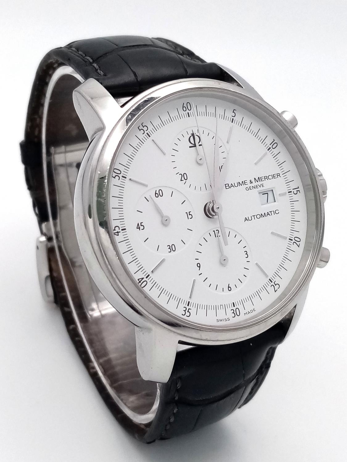 A Baume and Mercier Automatic Gents Watch. Black leather strap. Stainless steel case - 42mm. White - Image 4 of 9