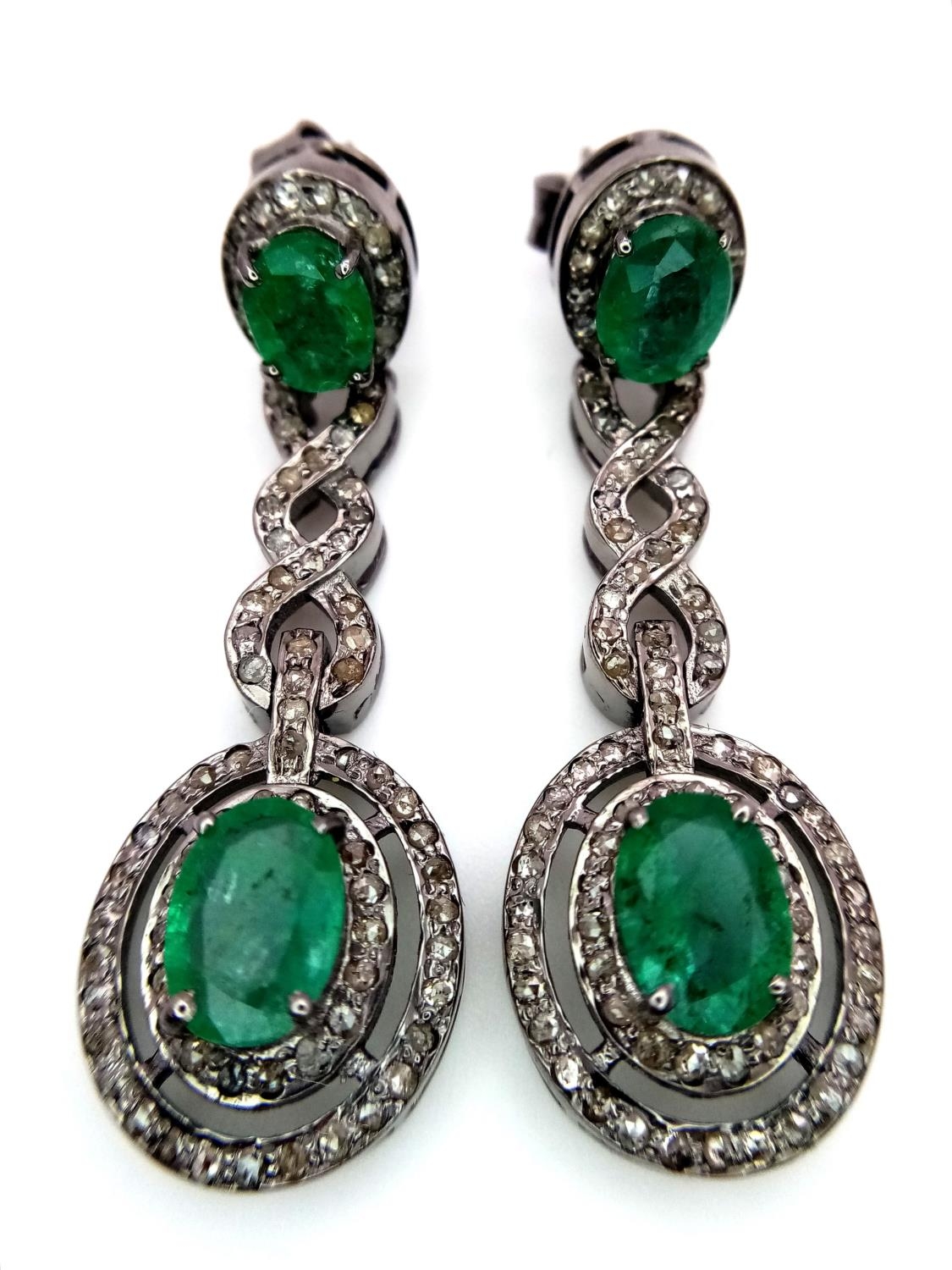 A Pair of Emerald Gemstone Drop Earrings with 3ctw of Emerald and Diamonds - 1.5ctw. Set in 925