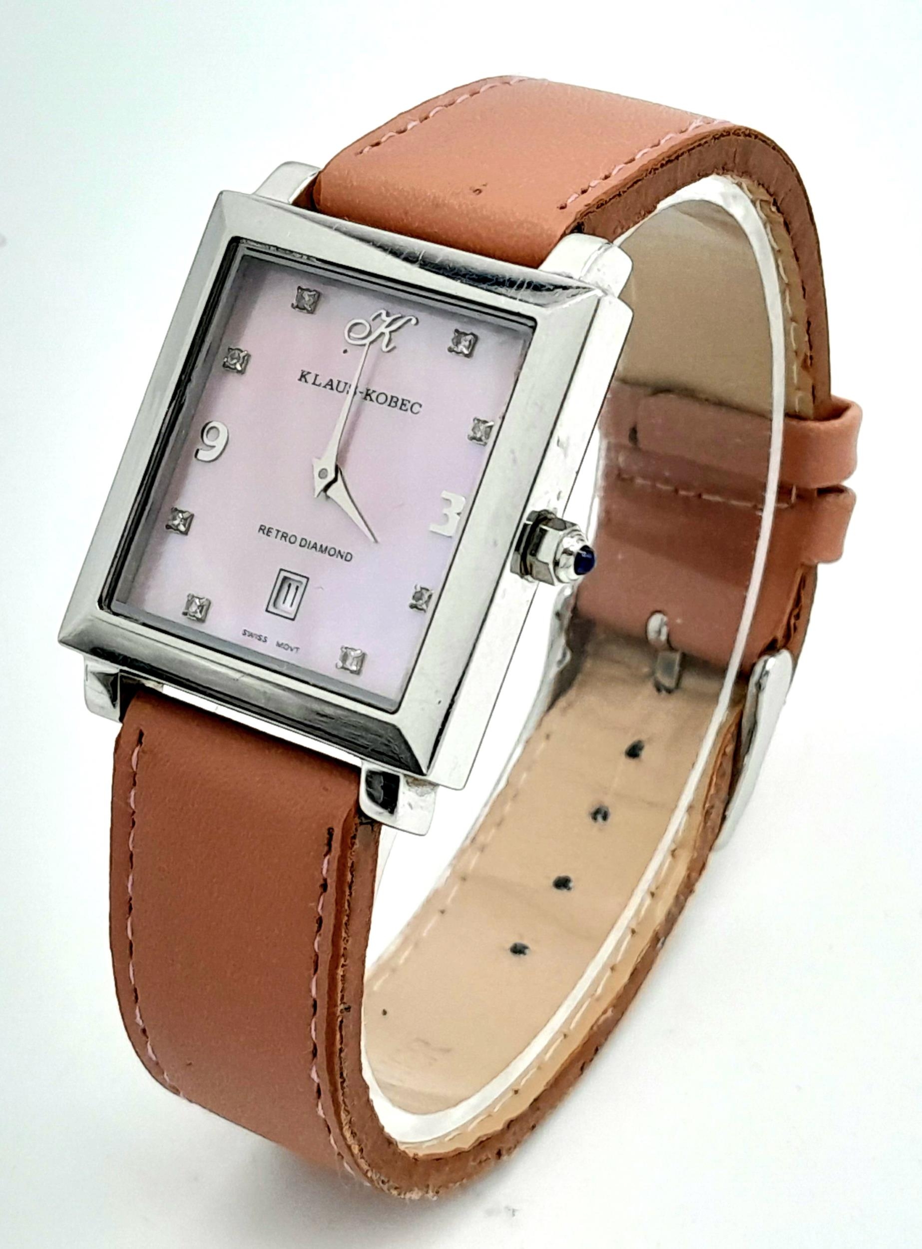 A Retro Diamond Klaus Kobec Pink Mother of Pearl Unisex Quartz Watch. Pink leather strap. Stainless