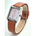 A Retro Diamond Klaus Kobec Pink Mother of Pearl Unisex Quartz Watch. Pink leather strap. Stainless