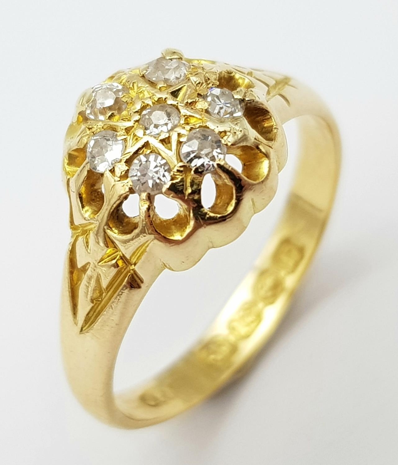 AN ANTIQUE 18K YELLOW GOLD DIAMOND OLD CUT RING. Hallmarked Birmingham, 1916. 0.20ctw, size J, 2.