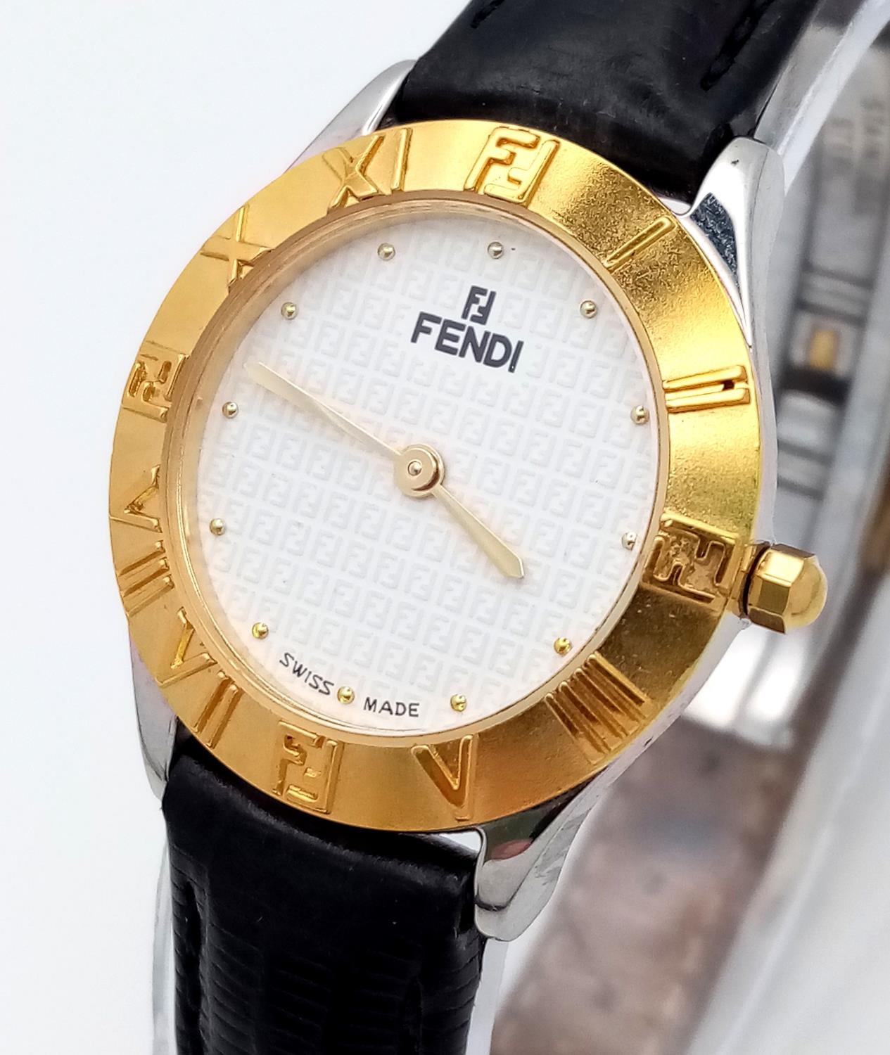 A Fendi Designer Quartz Ladies Watch. Black leather strap. Gilded circular case - 26mm. In working - Image 4 of 7