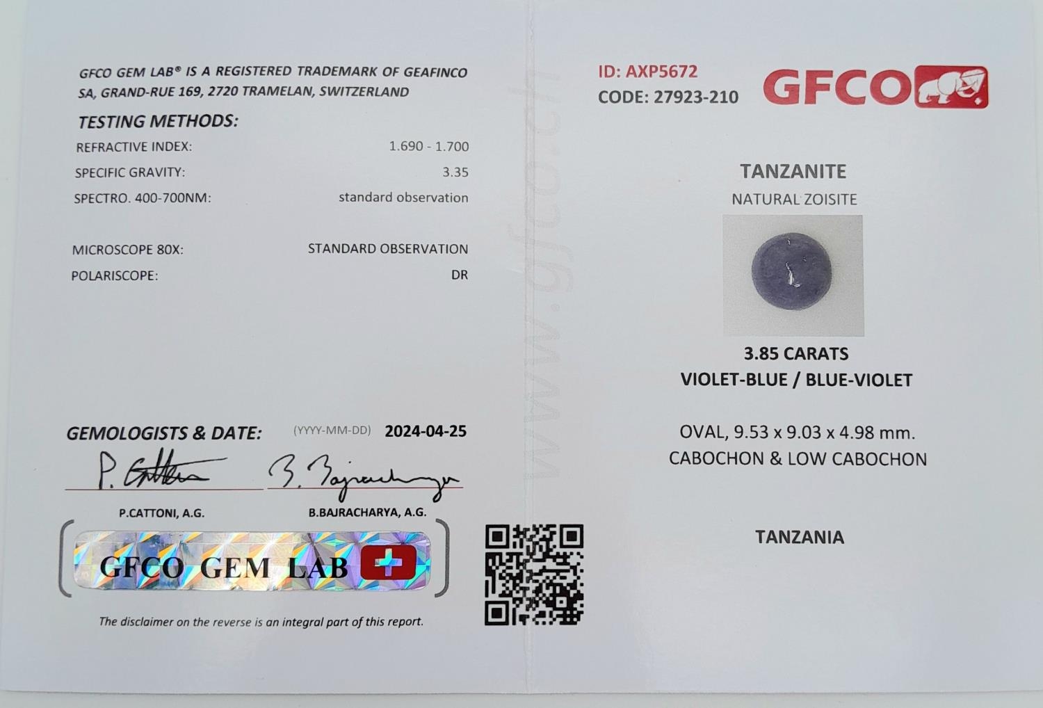 A 3.85ct Tanzanite Cabochon - GFCO Swiss Certified. - Image 4 of 4