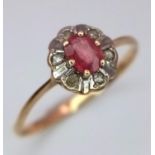 A 14K (TESTED) YELLOW GOLD DIAMOND & RUBY RING. Size K, 0.9g total weight. Ref: SC 9032