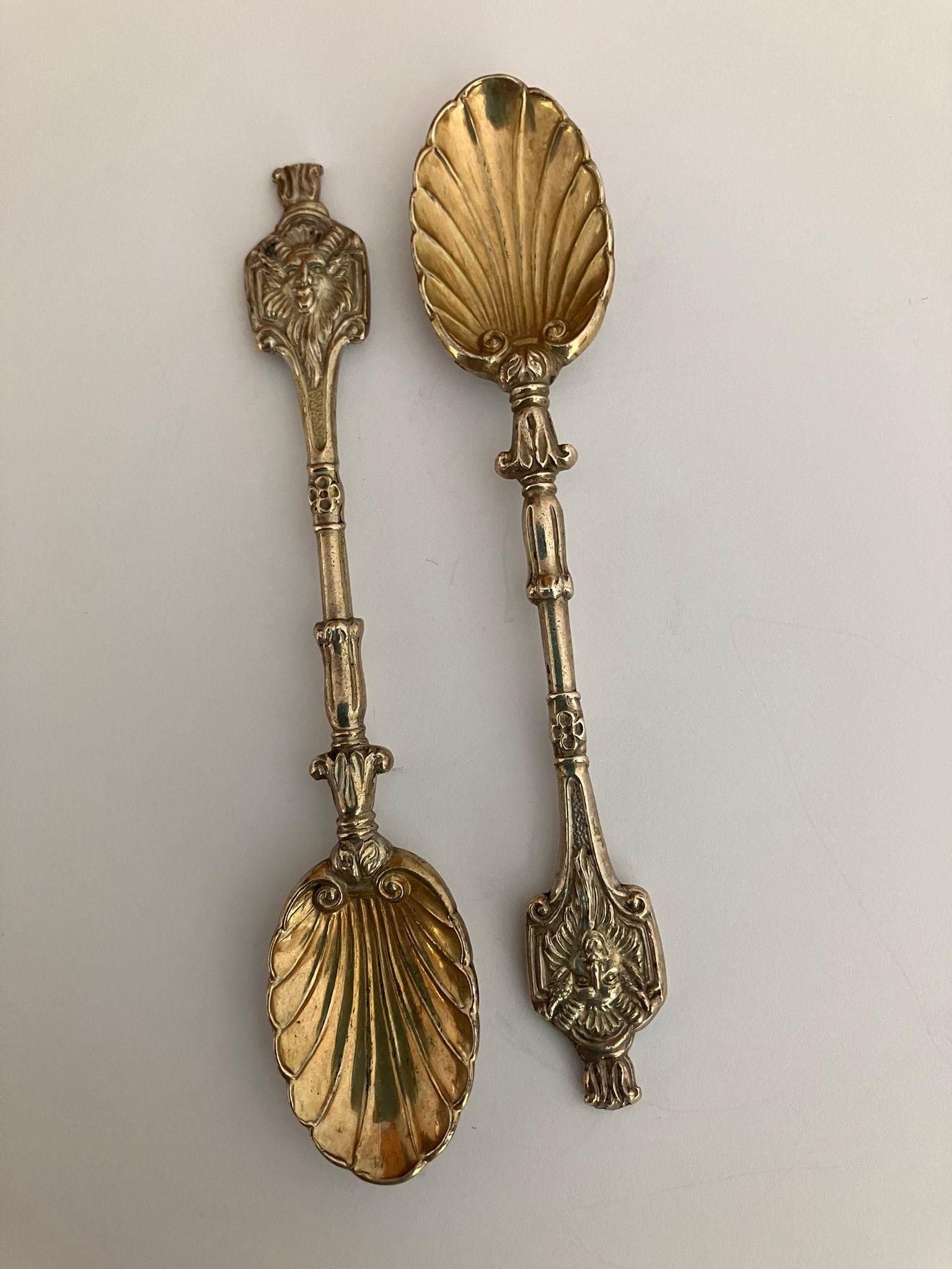 Pair of SILVER Condiment SPOONS with Gilded Leaf Bowls. Cast in heavy gauge Silver. Hallmark for
