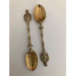 Pair of SILVER Condiment SPOONS with Gilded Leaf Bowls. Cast in heavy gauge Silver. Hallmark for