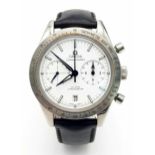 An Omega Speedmaster Automatic Co-Axial Chronograph Gents Watch. Black leather tag strap.