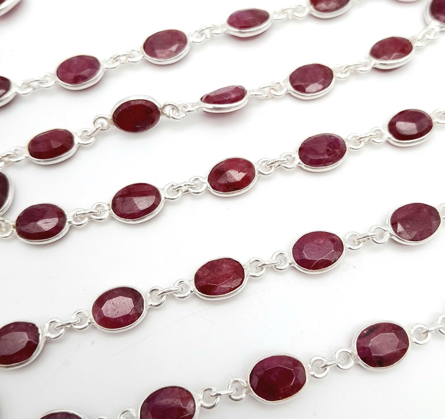 A Ruby Gemstone Long Chain Necklace. Oval cuts set in 925 Silver. 60cm length. Ref: CD-1319 - Image 4 of 5