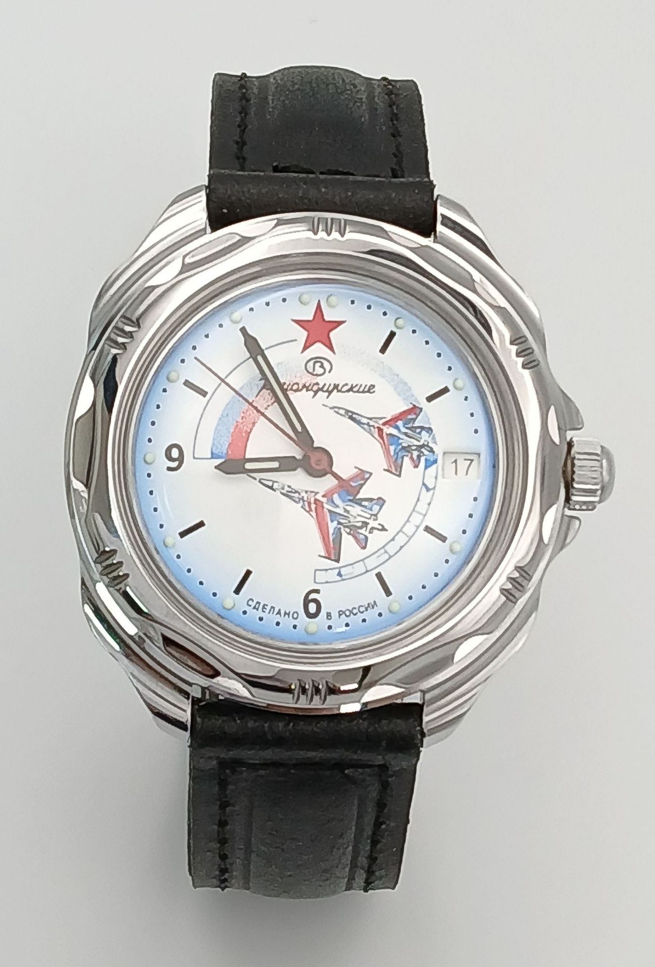A Vostok Manual Gents Watch. Black leather strap. Stainless steel case - 40mm. White dial with date - Image 2 of 7
