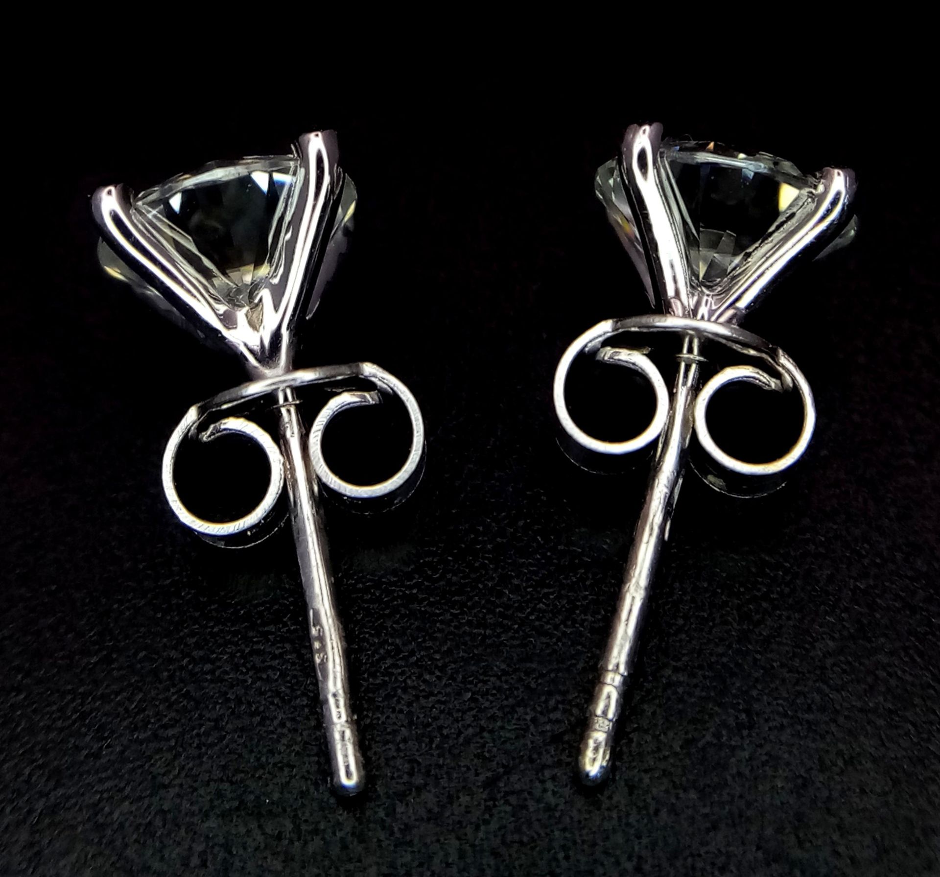 A Pair of 1ct Moissanite Earrings on 14K White Gold. Both stones come with a GRA certificate. 1.3g - Image 3 of 5